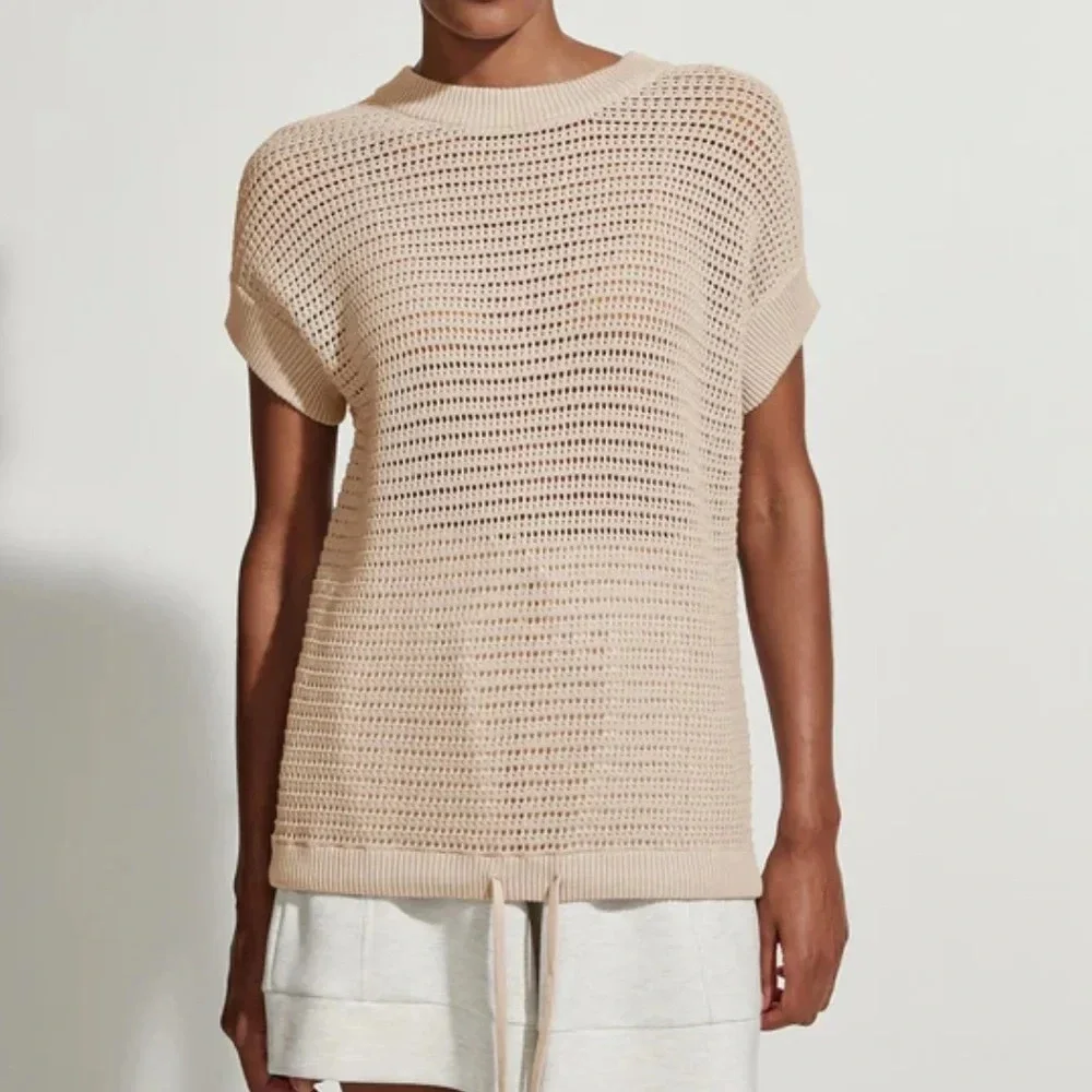 VARLEY Tan open, knit drawstring, crewneck sweater quite luxury costal